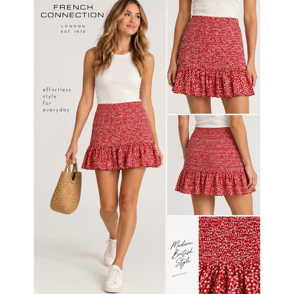 French Connection Red Floral Smocked Ruffle Mini Skirt 73SAM Cotton Womens